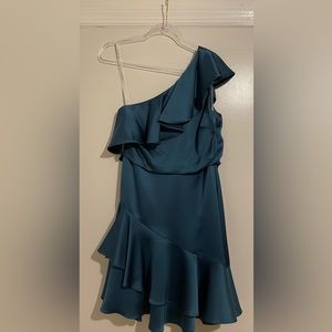 Fun and flirty, one shoulder, ruffle, green Halston dress with tags.